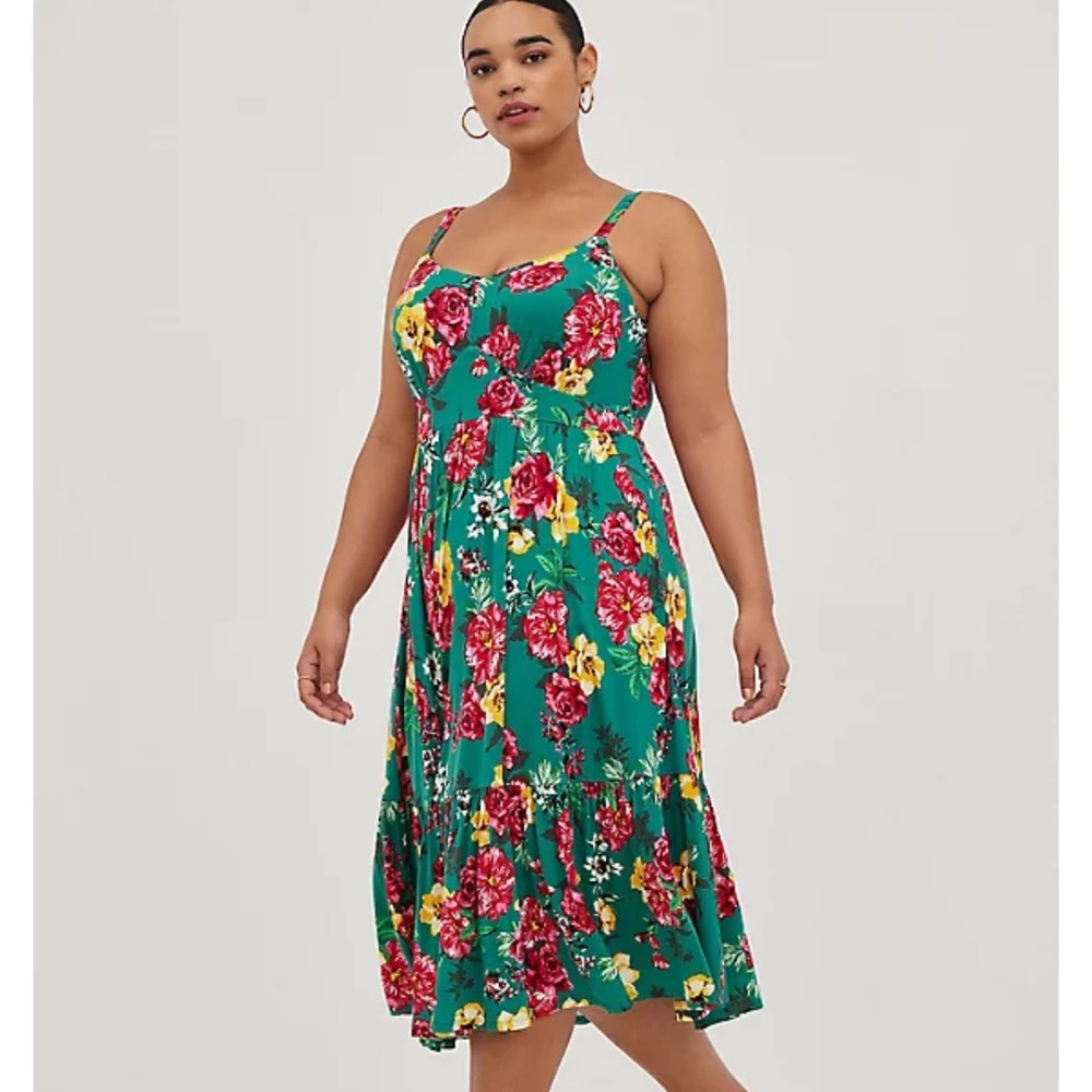 Torrid Super Soft Floral Green Tiered Midi Dress